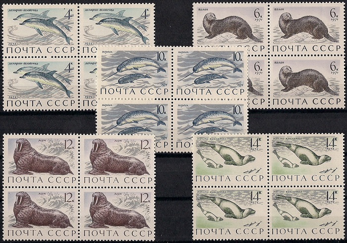 1971. Морские млекопитающие. № 4037 - 4041кб. Квартблоки. Серия