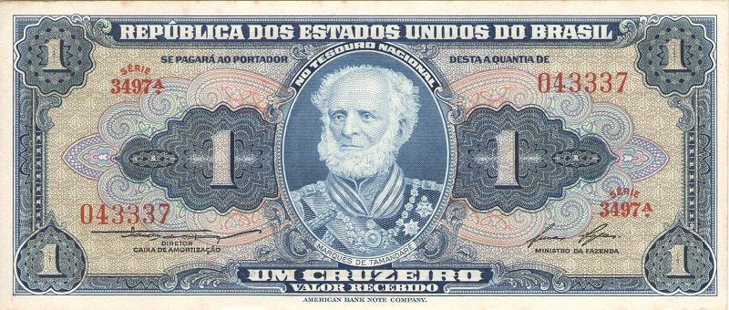 Банкнота номиналом 1 крузейро (подпись тип 2). Бразилия, 1954-1958 года