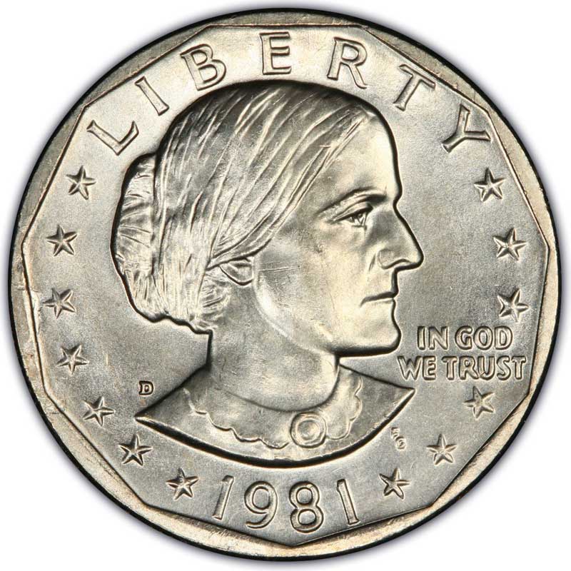 Монета номиналом 1 доллар 1981 США Сьюзан Энтони, двор D