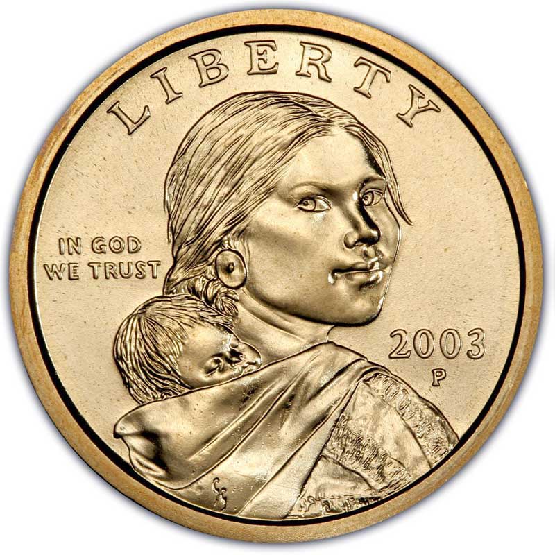 Монета номиналом 1 доллар. Сакагавея. Медь. Филадельфия. США, 2003 год