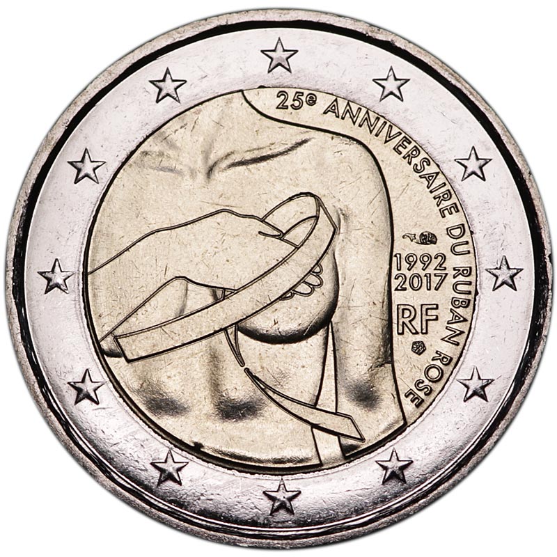 Монета номиналом 2 евро Франция, Борьба против рака молочной железы. Мельхиор, никель, бронза. Франция, 2017 год