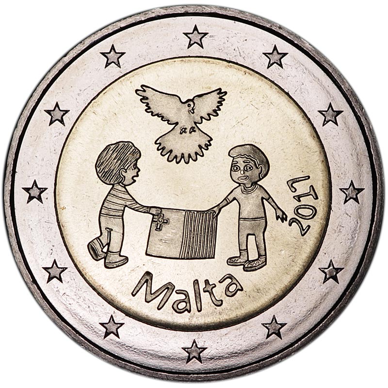 Монета номиналом 2 евро Мальта, Мир. Мельхиор, никель, бронза. Мальта, 2017 год