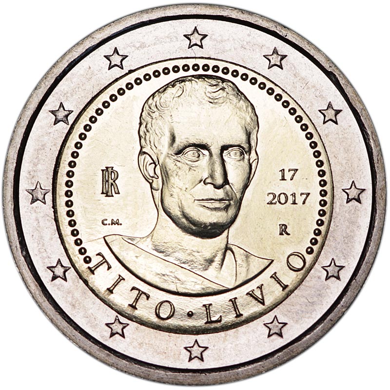 Монета номиналом 2 евро Италия, Тит Ливий. Мельхиор, никель, бронза. Латвия, 2017 год