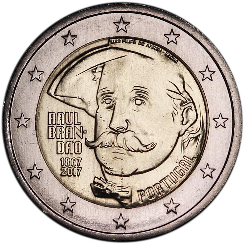 Монета номиналом 2 евро Португалия, Раул Брандао. Мельхиор, никель, бронза. Португалия, 2017 год