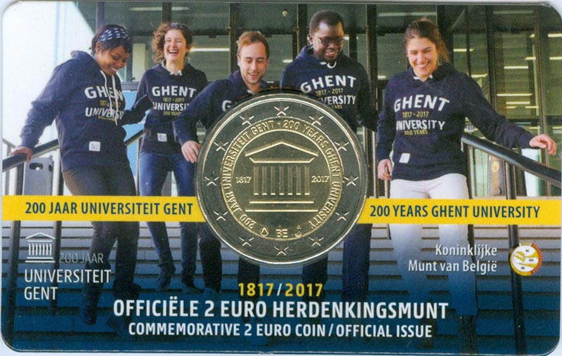Монета номиналом 2 евро Бельгия, 200 лет университету Гента. Бельгия, 2017 год