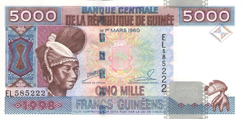 Банкнота номиналом 5000 франков. Гвинейская республика, 1998 год