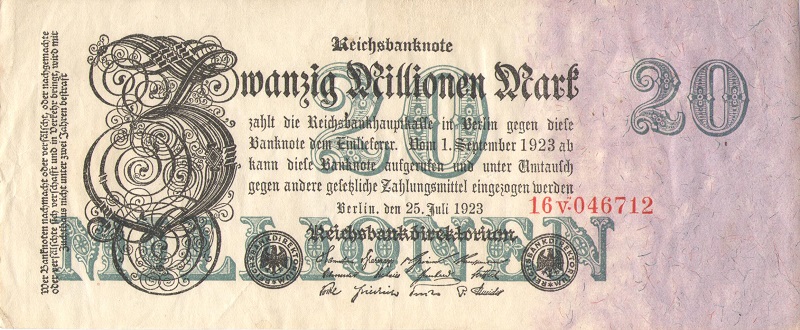 Банкнота номиналом 20 миллионов марок. Германия, 1923 год