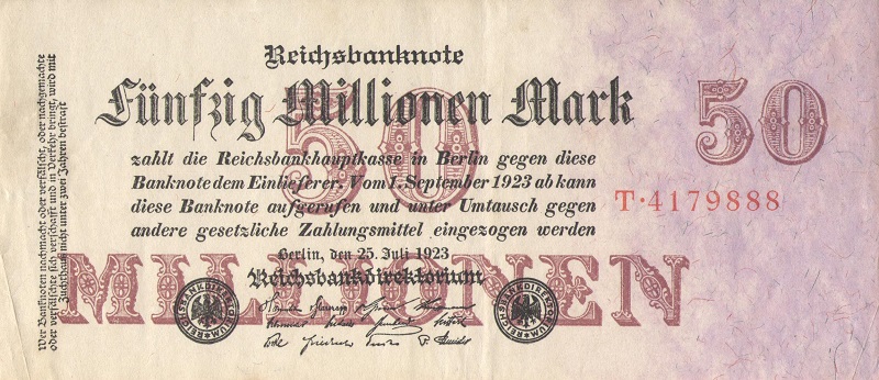 Банкнота номиналом 50 миллионов марок. Германия, 1923 год