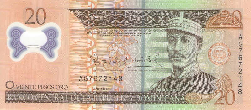 Банкнота номиналом 20 доминиканских песо. Доминиканская р-ка, 2009 год