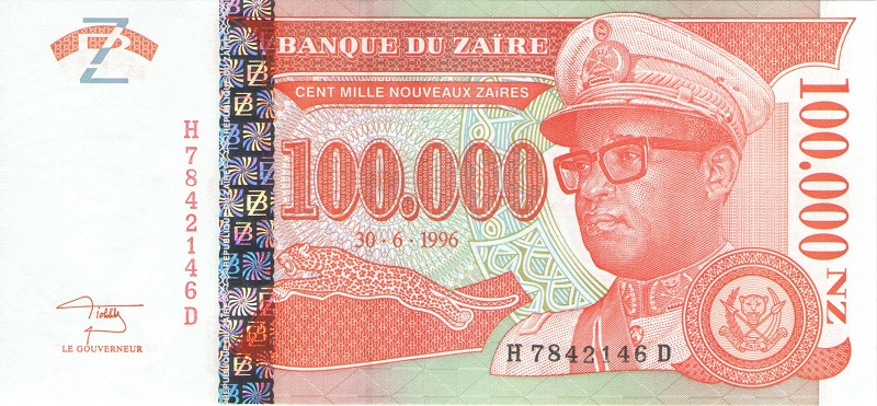 Банкнота номиналом 100000 новых заиров. Заир, 1996 год