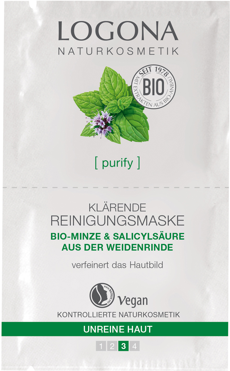 Logona Очищающая маска для выравнивания кожи лица с Био-Мятой и Салициловой кислотой из Коры Ивы, 15 мл