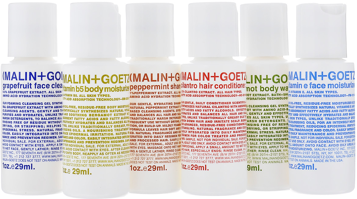 Malin+Goetz Набор дорожный: гель для умывания лица, крем для лица, гель для душа, крем для тела, шампунь, кондиционер