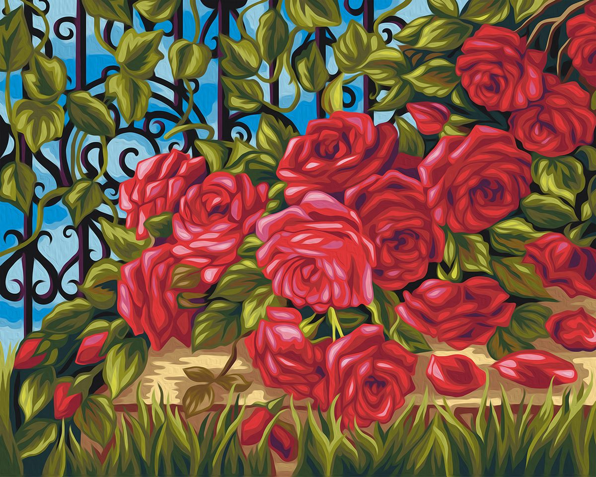 Картина розы на заборе