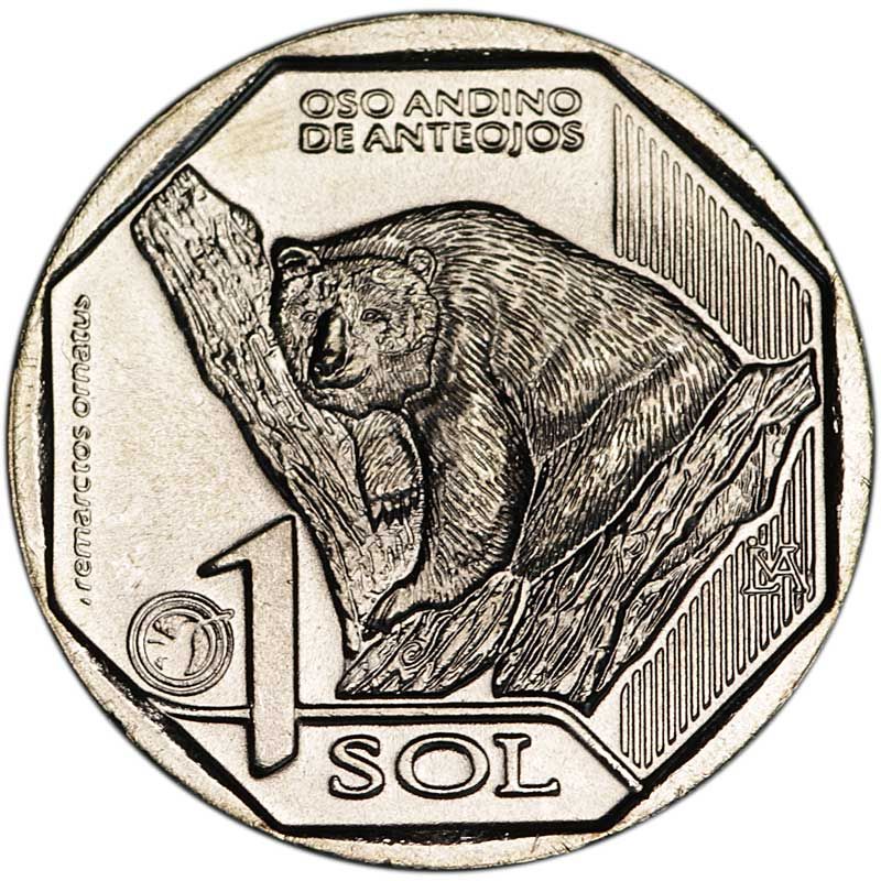Монета номиналом 1 соль Перу, Очковый медведь, 2017 год