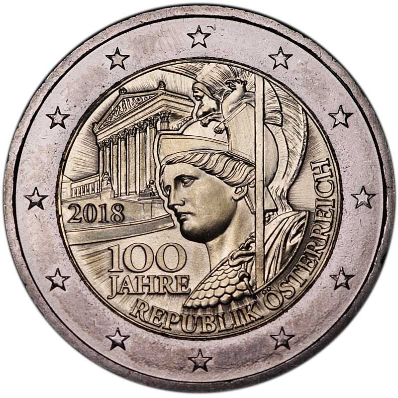 Монета номиналом 2 евро Австрия, 100 лет Австрийской республике, 2018 год