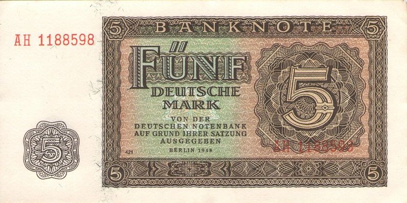 Банкнота номиналом 5 марок. ГДР, 1948 год