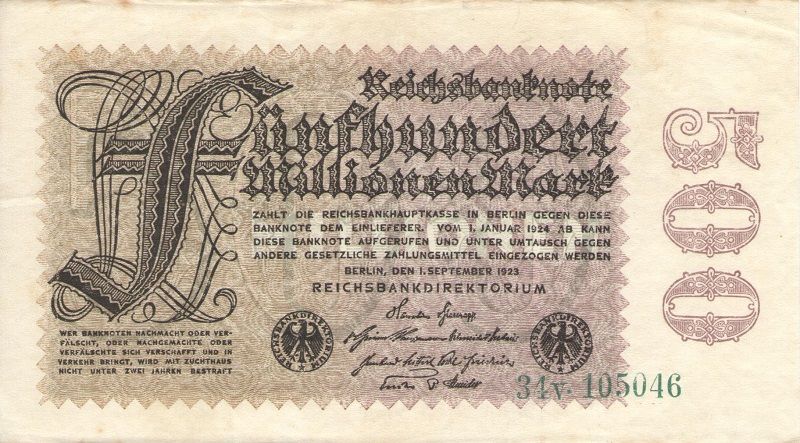 Банкнота номиналом 500 миллионов марок. Германия, 1923 год