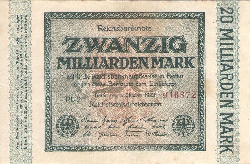 Банкнота номиналом 20 миллиардов марок. Германия, 1923 год