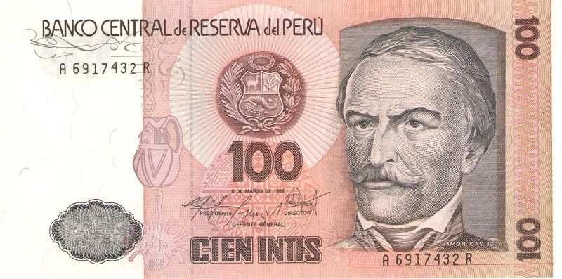 Банкнота номиналом 100 инти. Перу, 1986 год