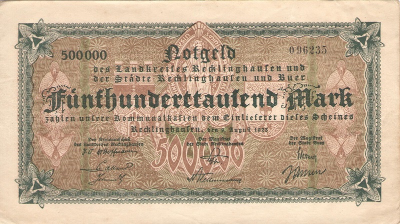 Банкнота нотгельд номиналом 500 000 марок. (Нотгельд города Рекклингхаузен). Германия, 1923 год