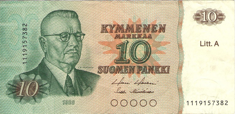 Банкнота номиналом 10 марок. Финляндия. 1980 год