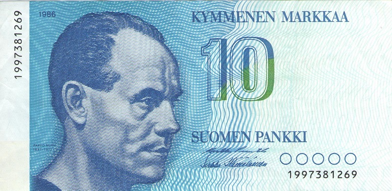 Банкнота номиналом 10 марок. Финляндия. 1986 год