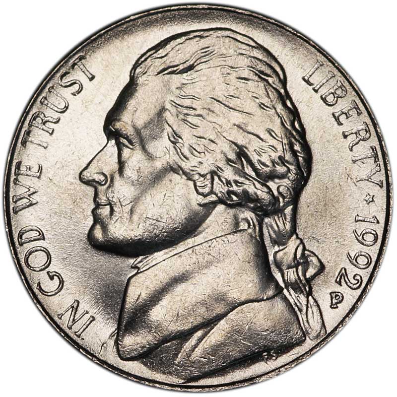 Монета номиналом 5 центов. Медно-никелевый сплав. Филадельфия. США, 1992 год