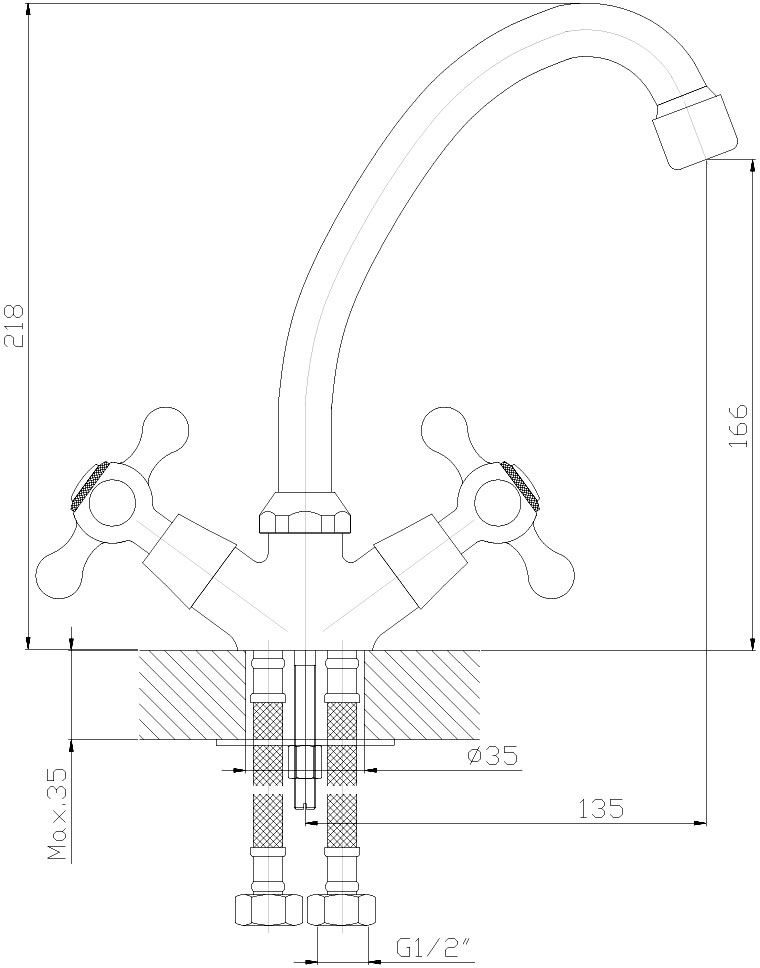Смеситель "Decoroom", для кухни, с высоким повортным изливом, цвет: хром. DR49028 Смеситель для кухни "Decoroom" с поворотным изливом изготовлен из цинка. - Пластиковый аэратор. - Керамические вентильные головки (угол поворота – 90 градусов). - Гибкая подводка – 2 шт. - Комплект для монтажа на шпильке.