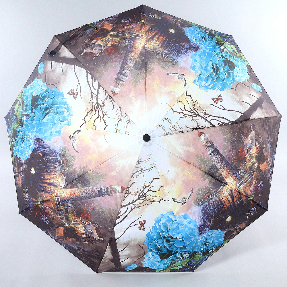 Зонт женский Magic Rain, автомат, 3 сложения, цвет: темно-коричневый, голубой, белый. 7293-1617