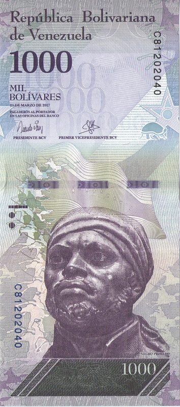 Банкнота номиналом 1000 боливаров. Венесуэла. 2017 год