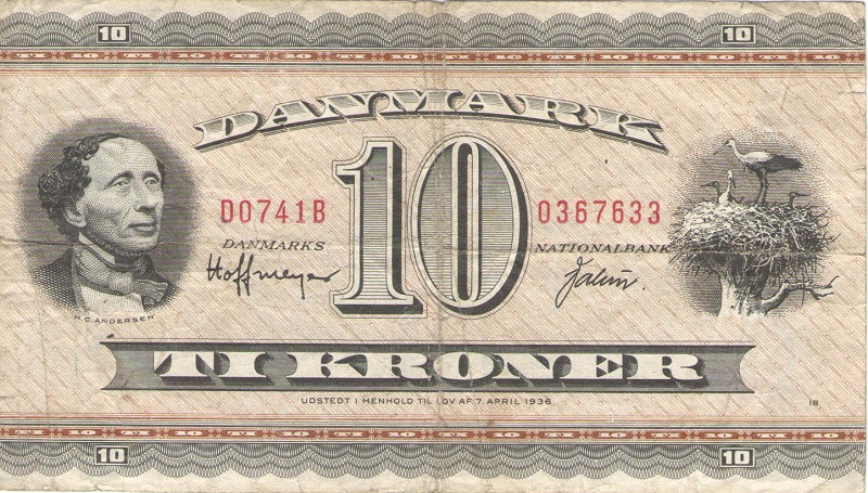 Банкнота номиналом 10 крон. Дания. 1954-1974 года