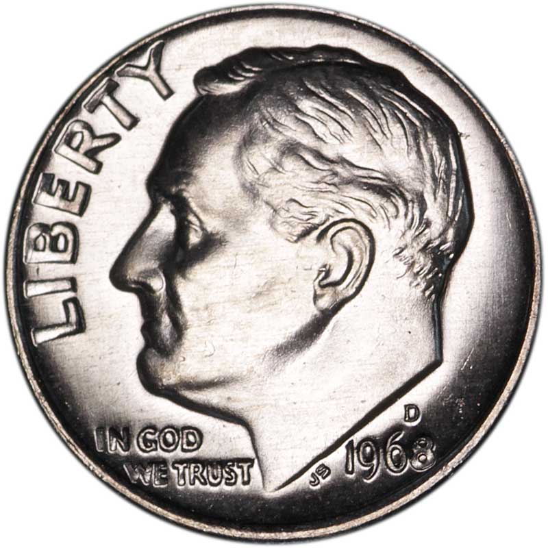 Монета номиналом 10 центов США, двор D, 1968 год