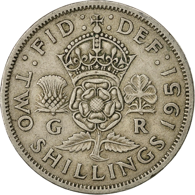 Монета номиналом 2 шиллинга. Великобритания, 1951 год