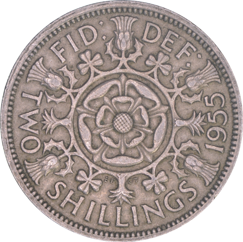 Монета номиналом 2 шиллинга. Великобритания, 1955 год