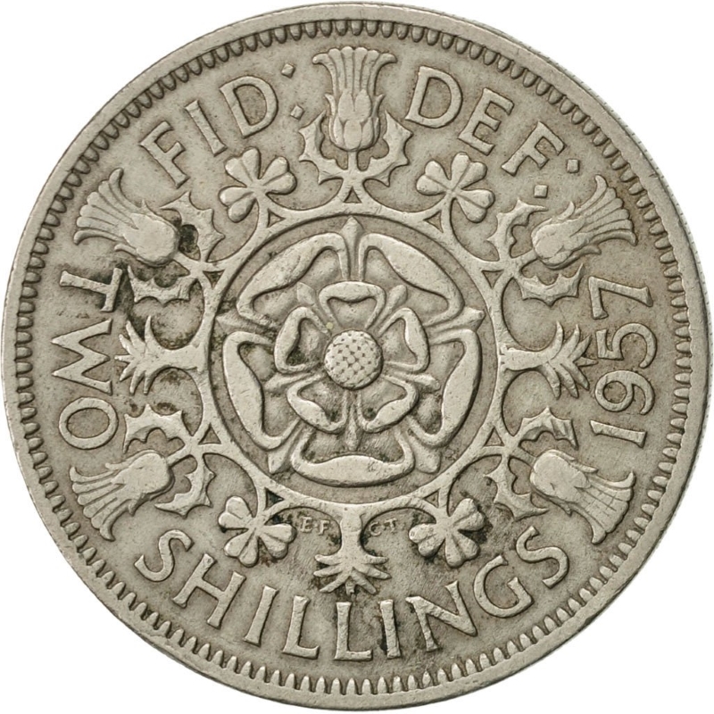Монета номиналом 2 шиллинга. Великобритания, 1957 год