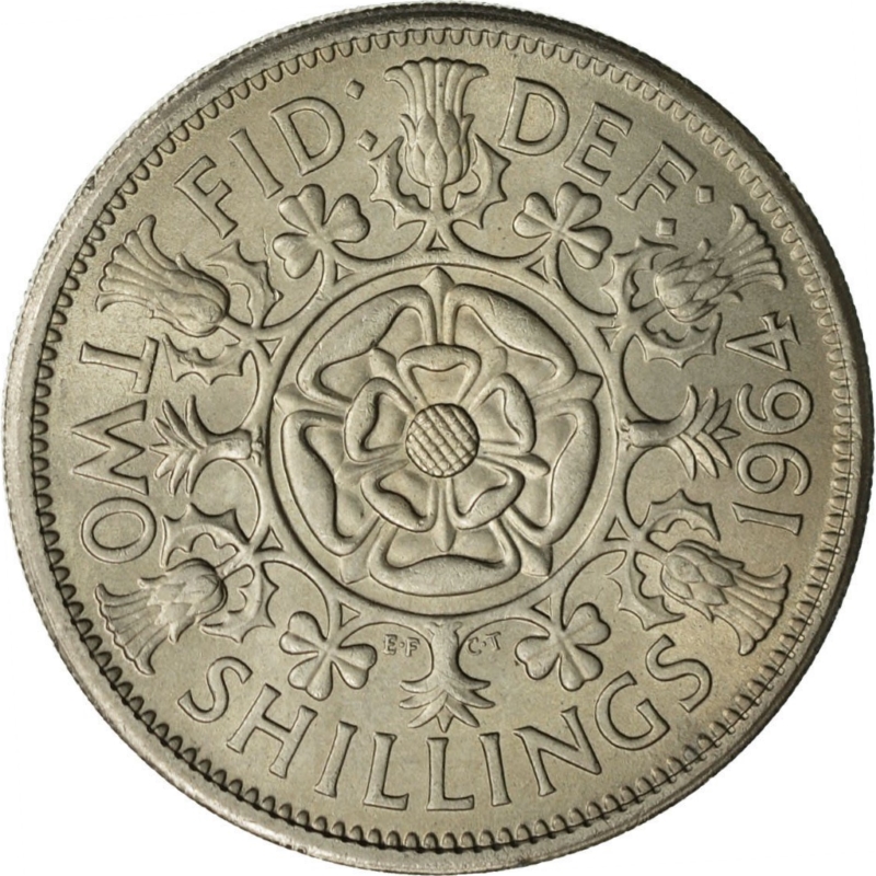 Монета номиналом 2 шиллинга. Великобритания, 1964 год