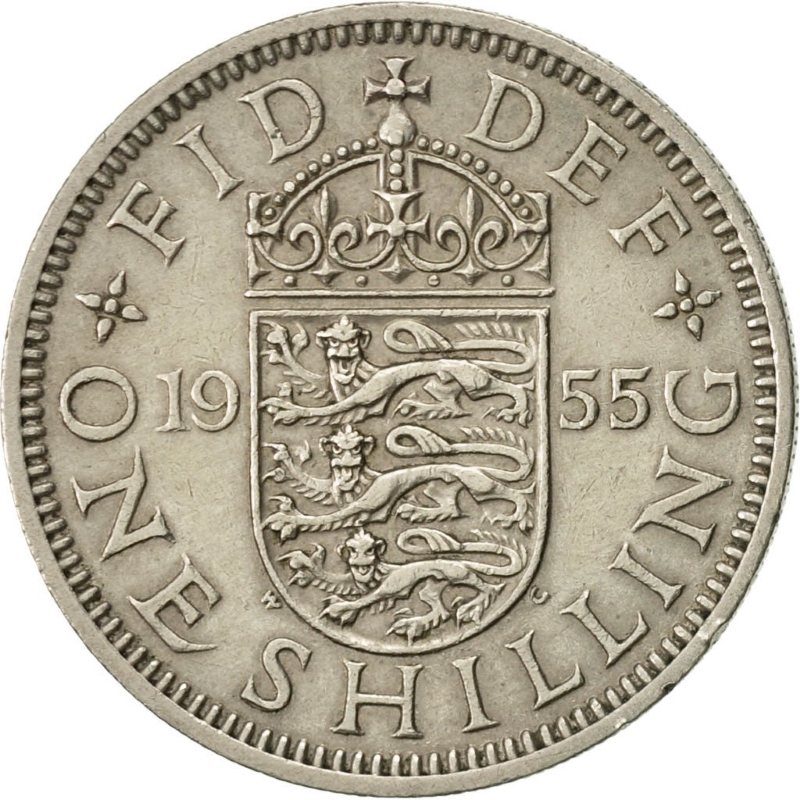 Монета номиналом 1 шиллинг. Великобритания (Англия), 1955 год