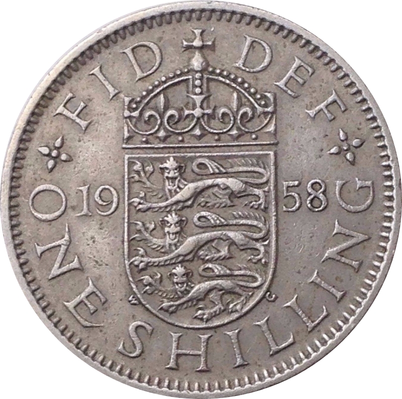 Монета номиналом 1 шиллинг. Великобритания (Англия), 1958 год