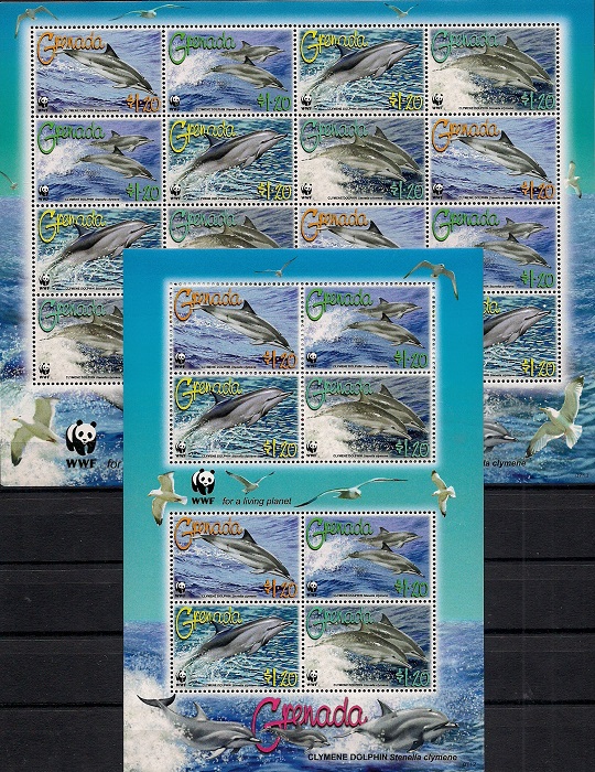 Дельфины. Всемирный фонд дикой природы, Гренада, 2007 г. Лист + малый лист