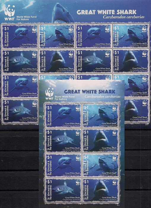 Большая белая акула. Всемирный фонд дикой природы, Сент - Винсент и Гренадины. Лист + малый лист