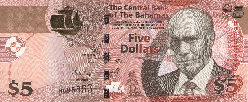 Банкнота номиналом 5 долларов. Багамские о-ва. 2013 год