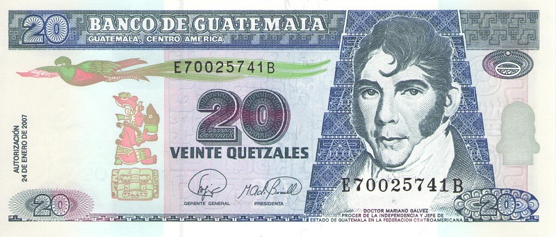 Банкнота номиналом 20 кетсалей. Гватемала. 2007 год