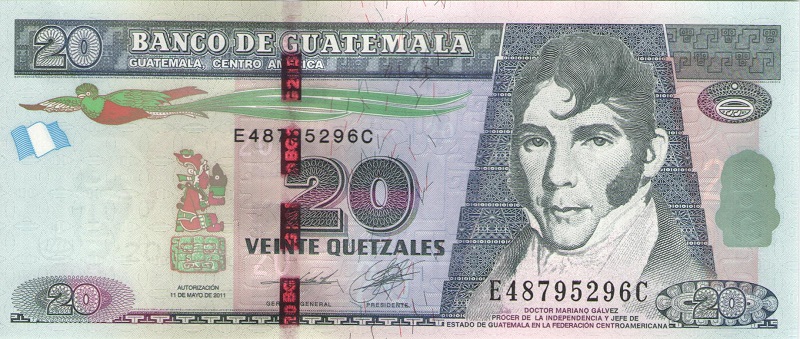 Банкнота номиналом 20 кетсалей. Гватемала. 2011 год