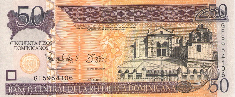 Банкнота номиналом 50 песо. Доминиканская Республика. 2012 год
