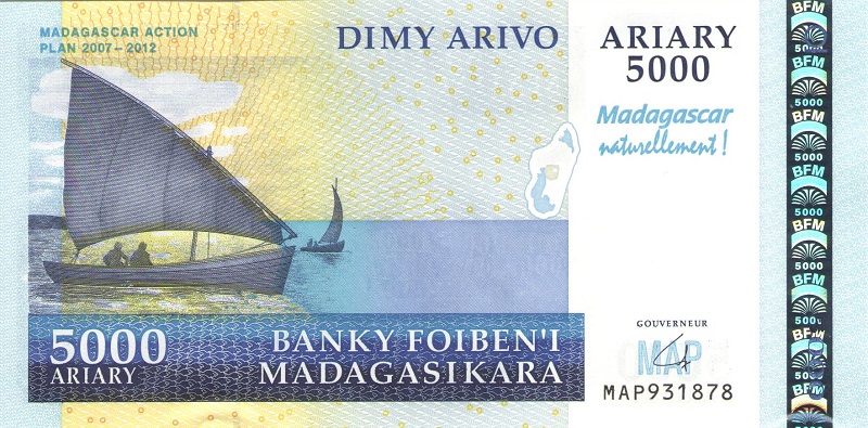 Банкнота номиналом 5000 ариари. Мадагаскар. 2008 год