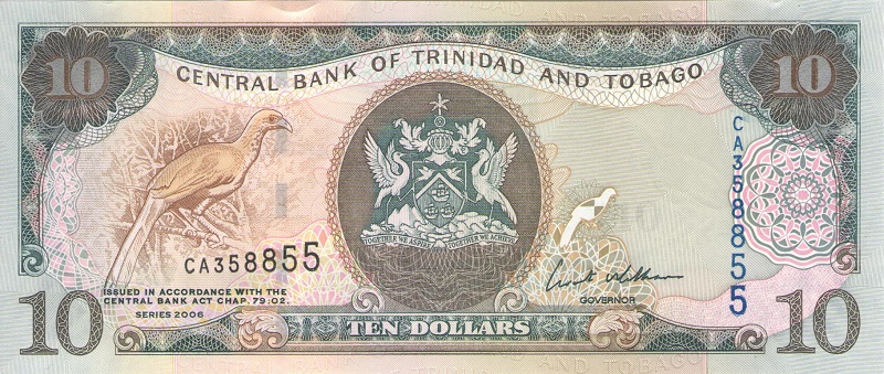 Банкнота номиналом 10 долларов. Тринидад и Тобаго. 2006 год