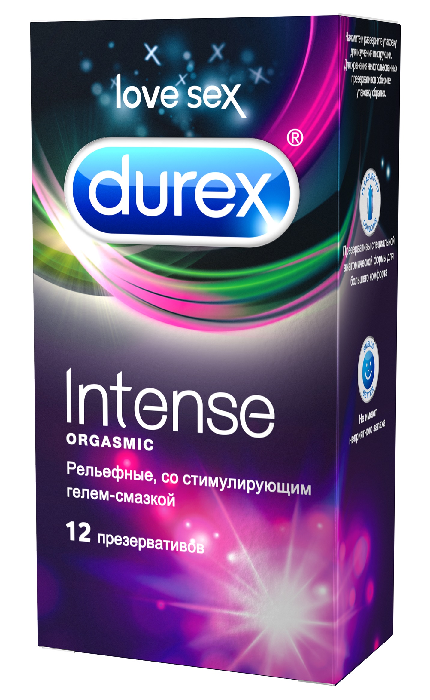 Durex Intense Orgasmic Презервативы рельефные ребристые, со стимулируюшим гелем-смазкой, 12 шт