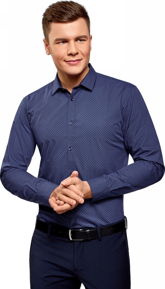 Рубашка мужская oodji Basic, цвет: темно-синий, синий. 3B110026M/19370N/7975G. Размер 44 (56-182)