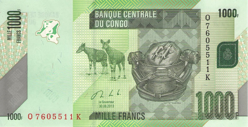Банкнота номиналом 1000 франков. Демократическая Республика Конго. 2013 год
