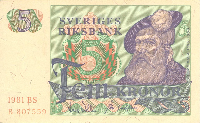Банкнота номиналом 5 крон. Швеция. 1981 год